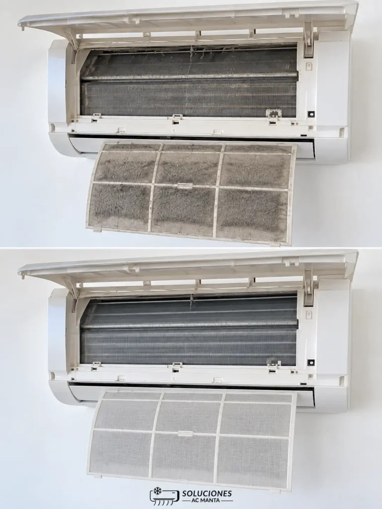 Comparacion de filtros de aire acondicionado antes y despues de una limpieza profesional en Manta