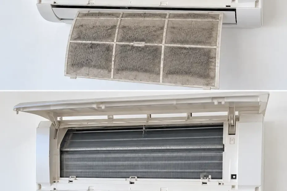 Comparacion de filtros de aire acondicionado antes y despues de una limpieza profesional en Manta