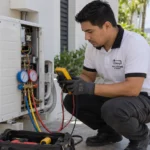 Tecnico de Soluciones AC Manta realizando diagnostico profesional de aire acondicionado con manometros en Manta