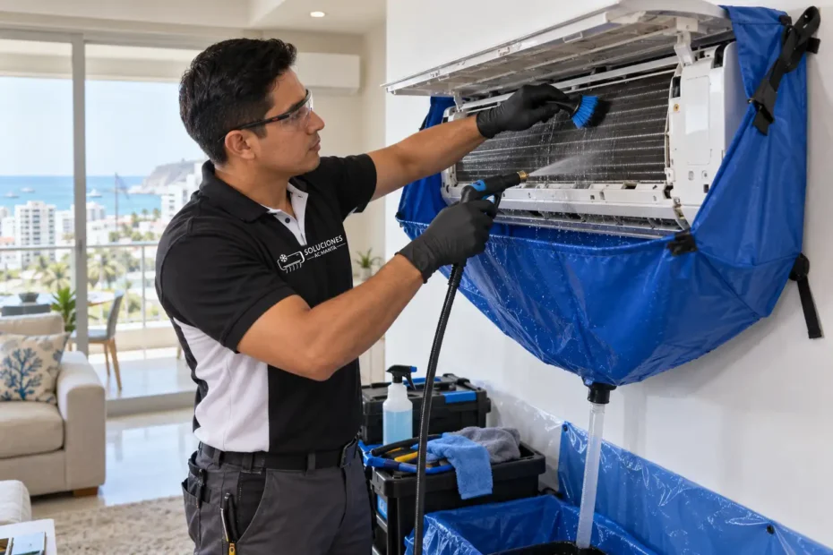 Tecnico de Soluciones AC Manta realizando limpieza profunda de minisplit en apartamento de Manta