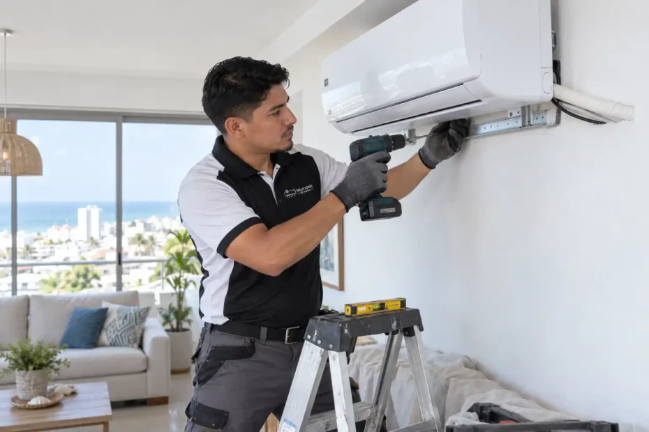 Tecnico de Soluciones AC Manta instalando aire acondicionado en el hogar en Manta