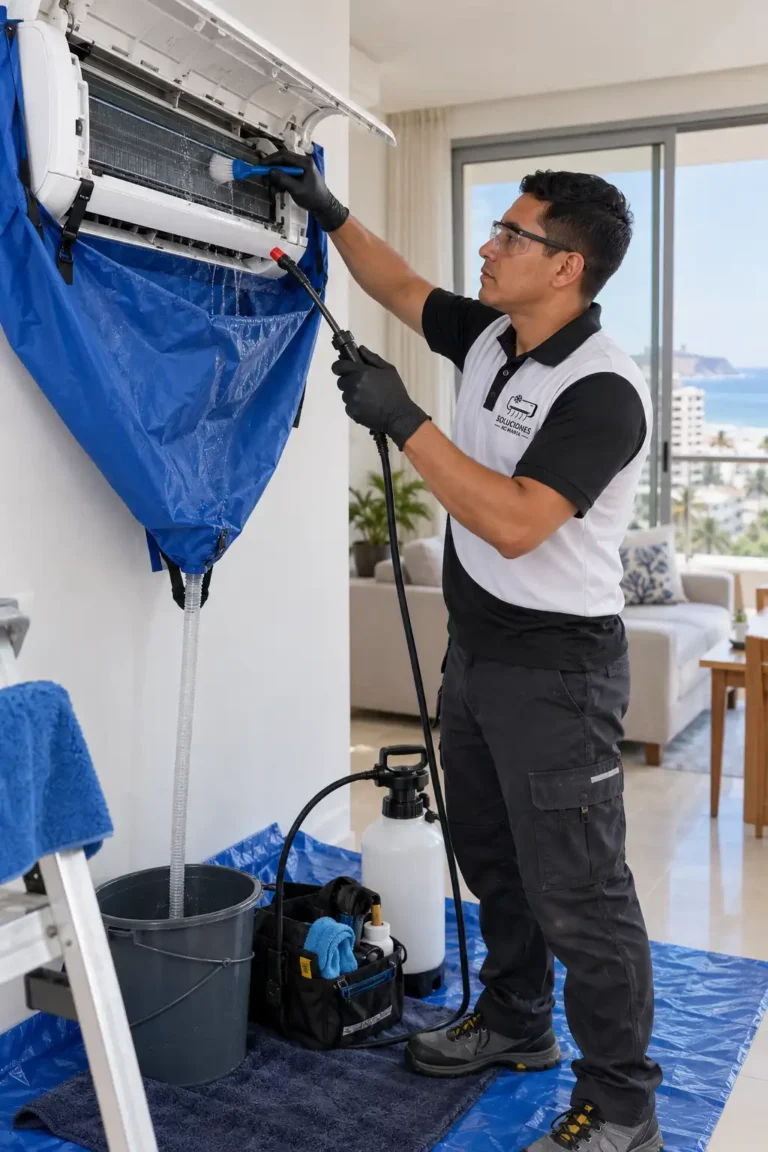Tecnico de Soluciones AC Manta realizando limpieza de aire acondicionado en vivienda de Manta
