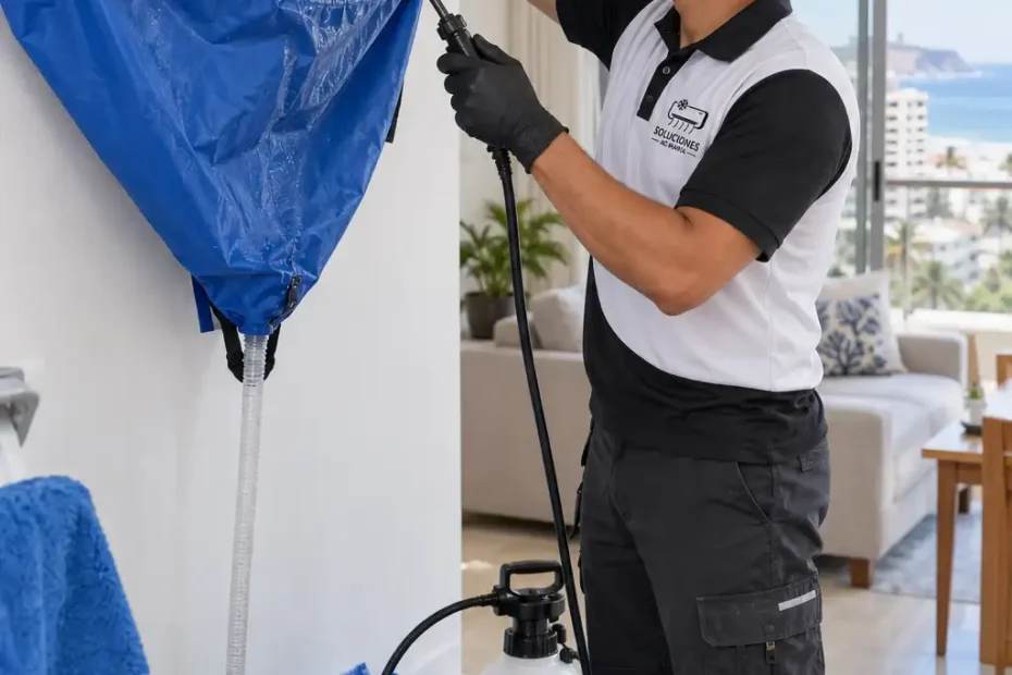 Tecnico de Soluciones AC Manta realizando limpieza de aire acondicionado en vivienda de Manta