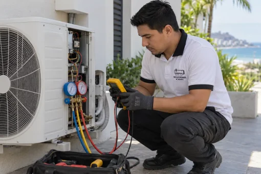 Tecnico de Soluciones AC Manta realizando diagnostico profesional de aire acondicionado con manometros en Manta