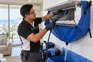 Tecnico de Soluciones AC Manta realizando limpieza profunda de minisplit en apartamento de Manta