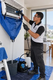 Tecnico de Soluciones AC Manta realizando limpieza de aire acondicionado en vivienda de Manta